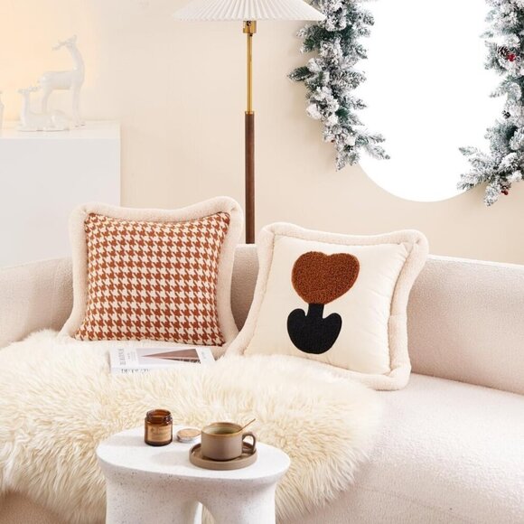 18 Inch Beige Tulip Embroidery Velvet Cushion Luxury Modern Throw Pillow Cover - Picture 4 of 7